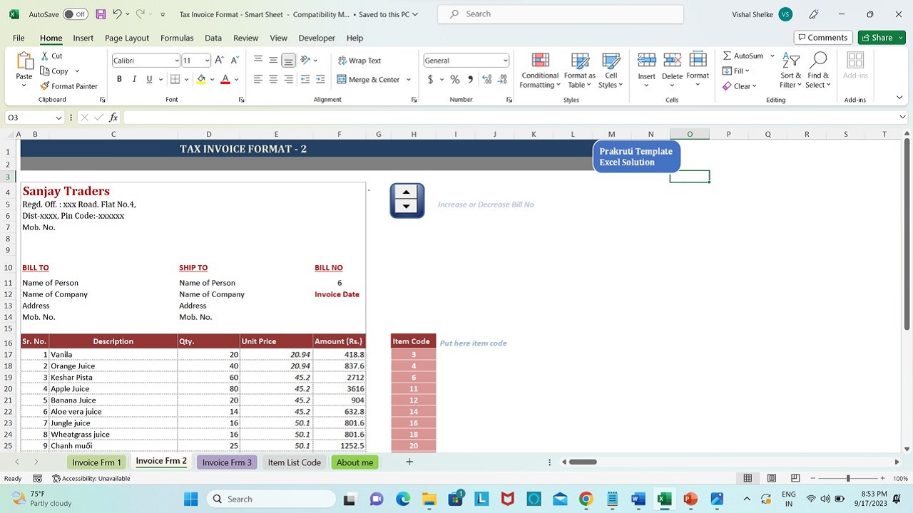 Billing Invoice Template in Excel