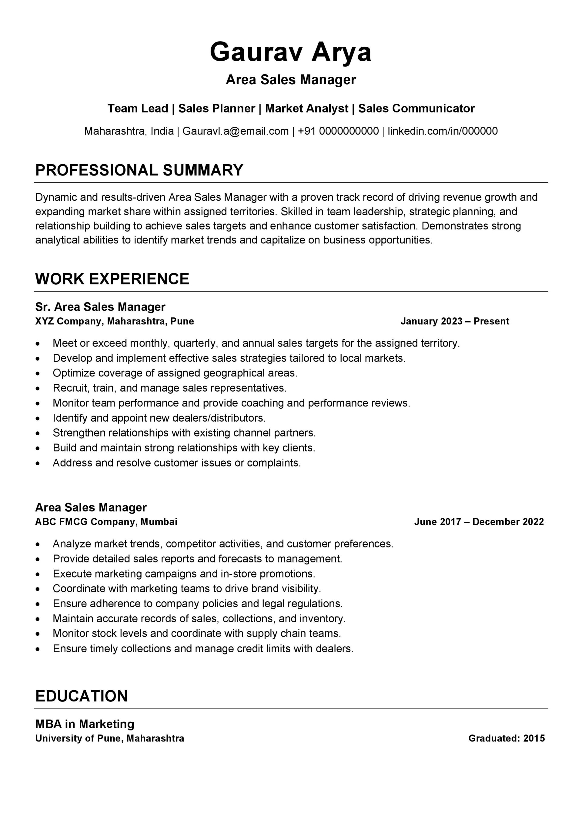 Free Professional Sales Resume Templates in Word | Prakruti Digital ...