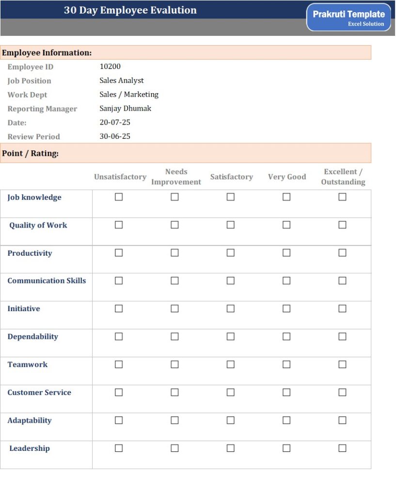 30 Day Employee Evaluation Template
