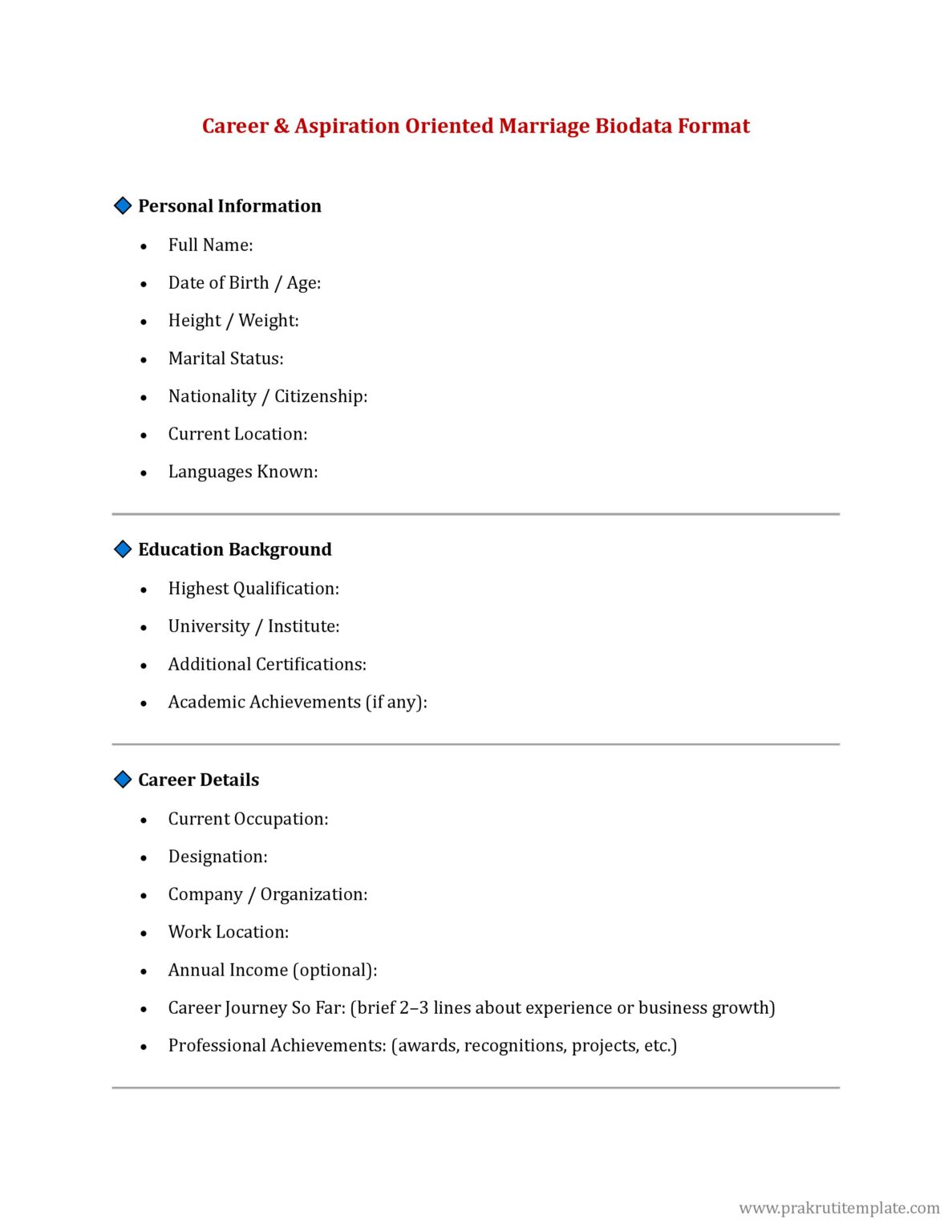 Marriage Biodata Templates : Free Download | Prakruti Digital Template