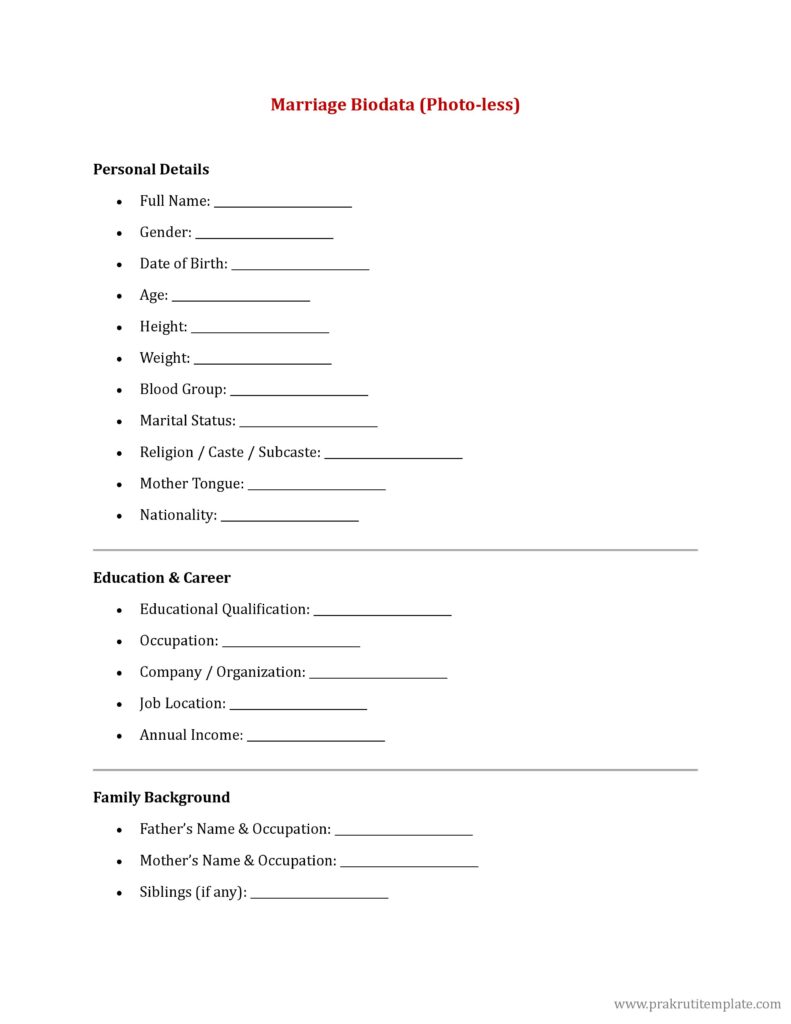 Marriage Biodata (Photo-less)