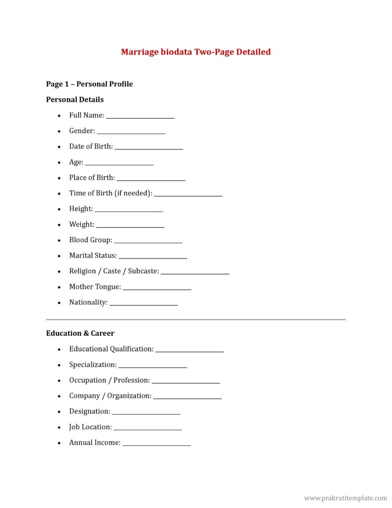 Marriage biodata Two-Page Detailed