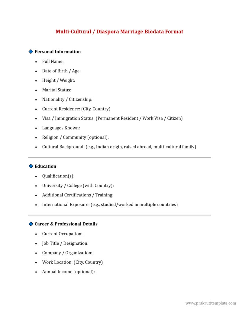 Multi-Cultural Diaspora Marriage Biodata Format