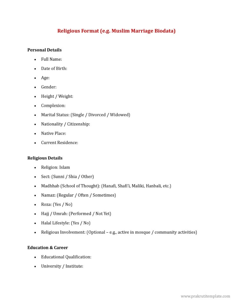Religious Format e.g. Muslim Marriage Biodata
