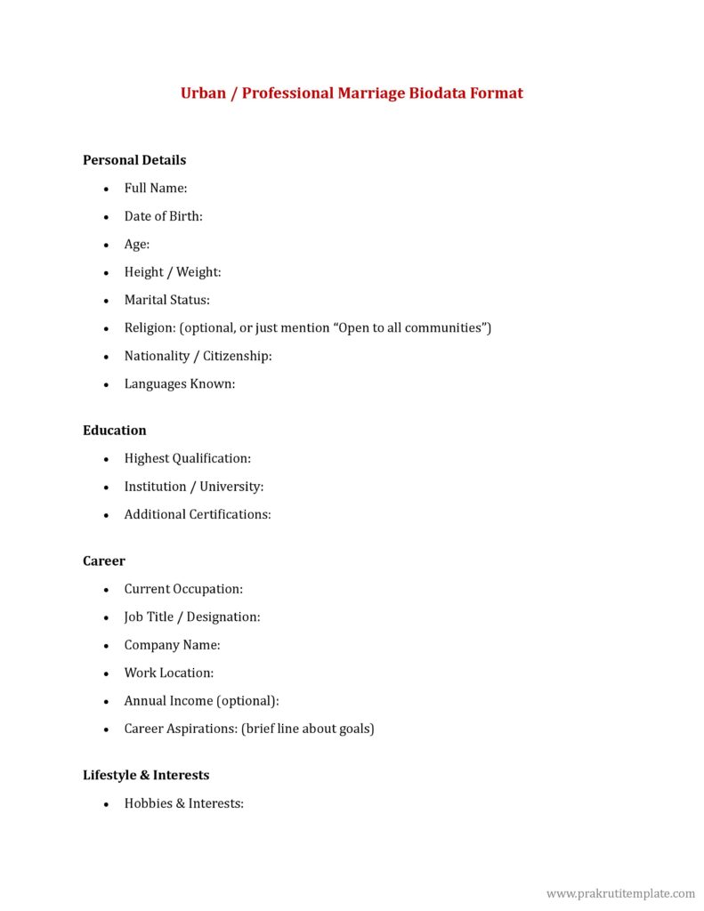 Urban Professional Marriage Biodata Format 