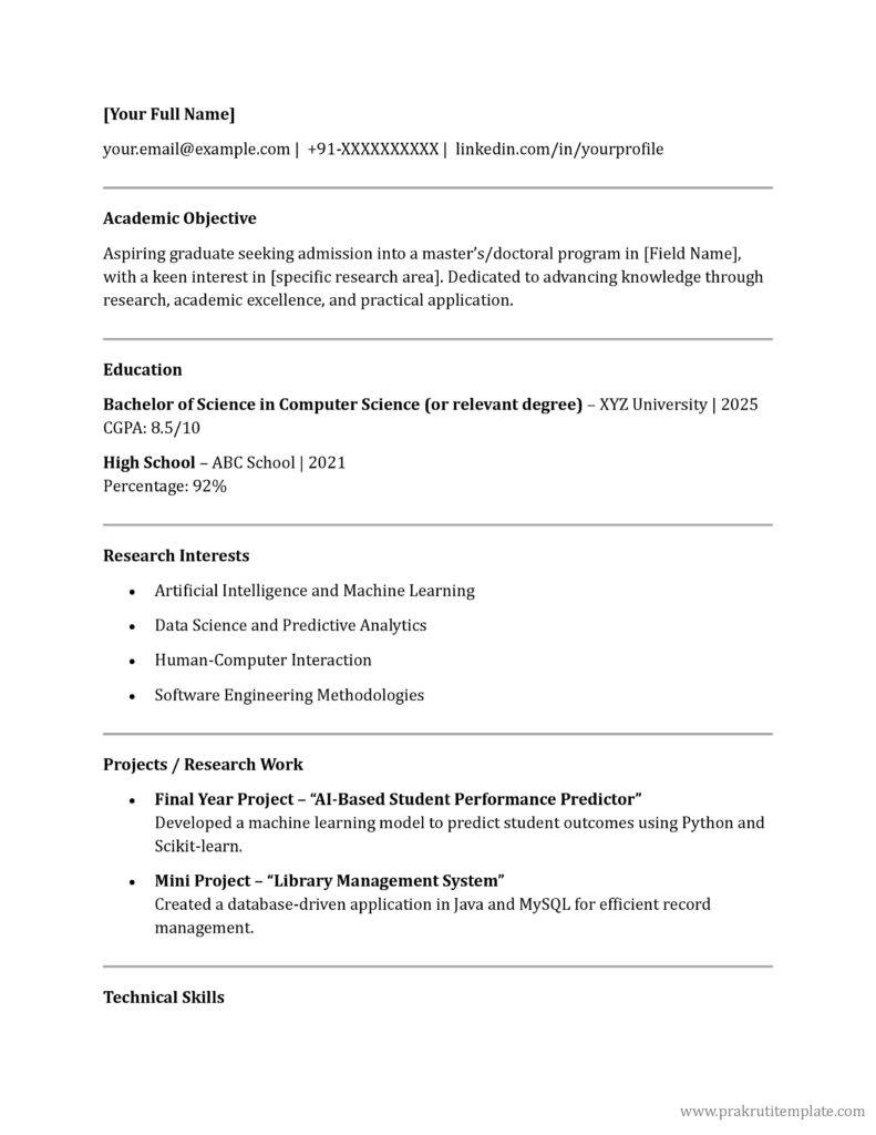 Academic Fresher Resume