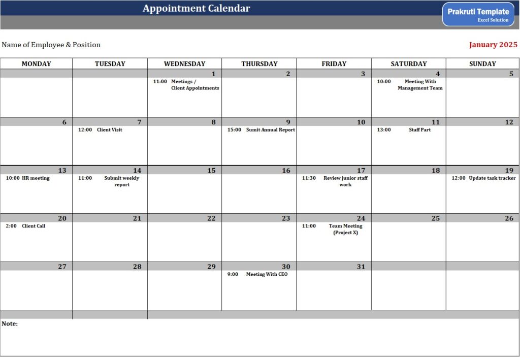 Free Professional Appointment Calendar Template in Excel
