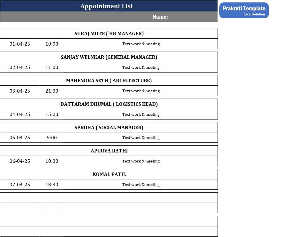 Free Professional Appointment Calendar Template in Excel
