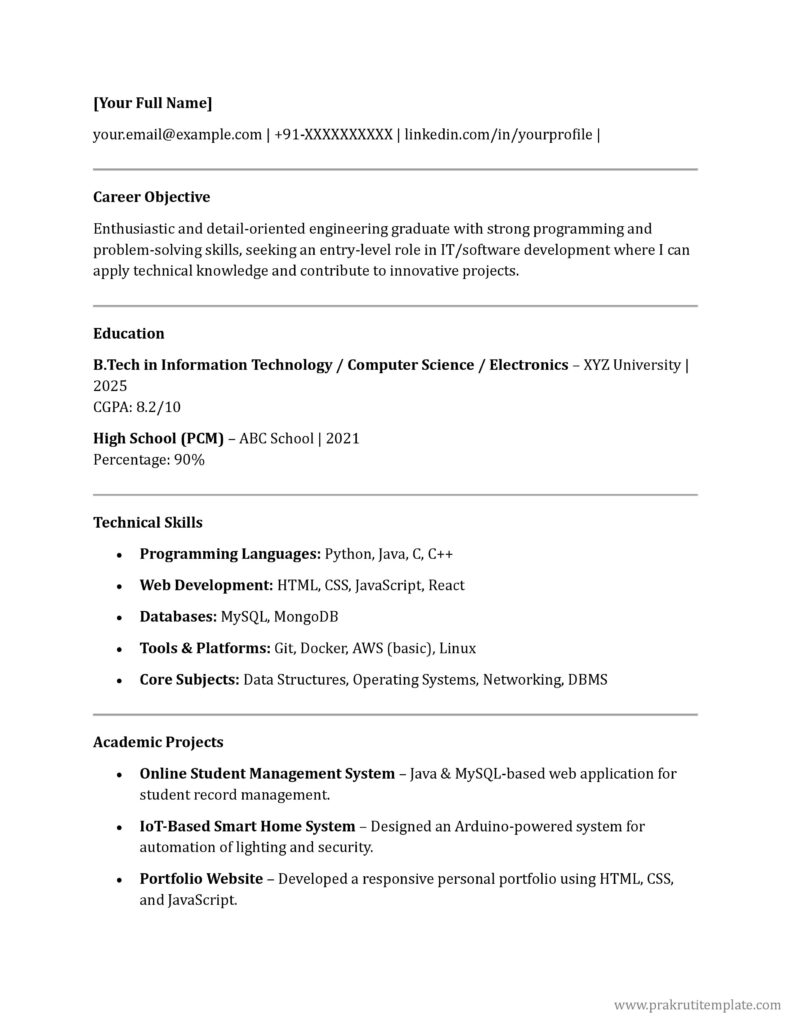 IT Engineering Fresher Resume 