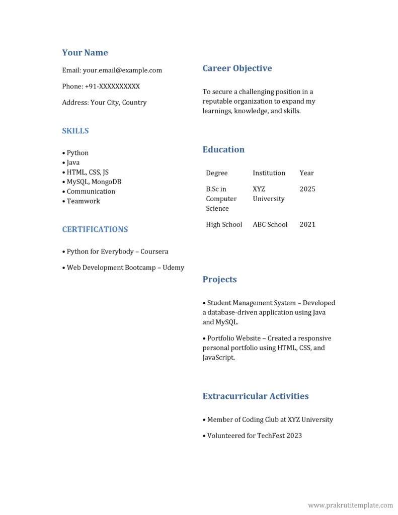 Modern Fresher Resume with Sidebar