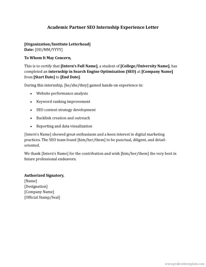 Academic Partner SEO Internship Experience Letter