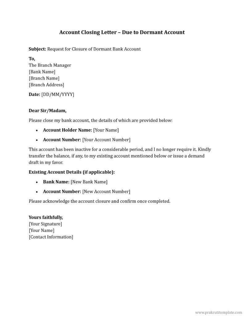Account Closing Letter – Due to Dormant Account
