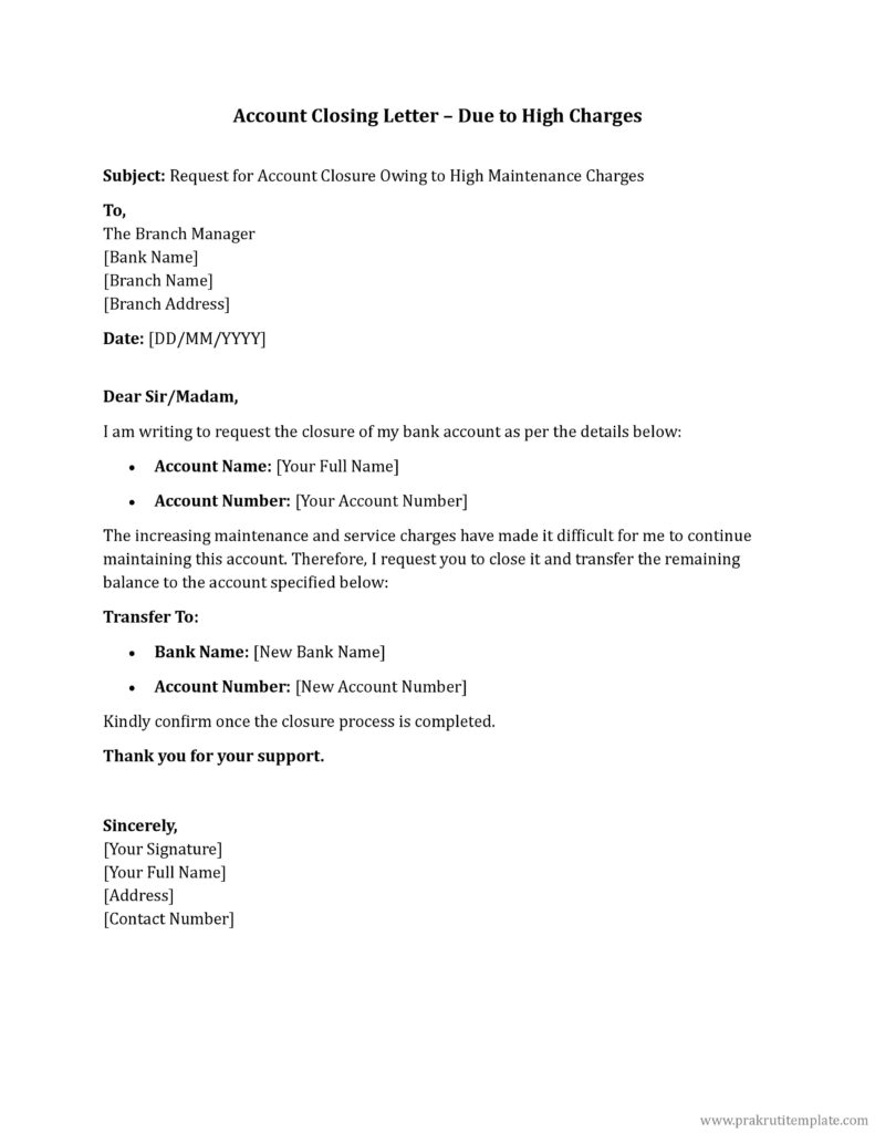 Account Closing Letter – Due to High Charges