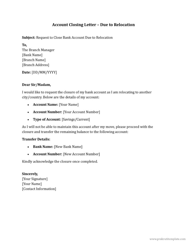Account Closing Letter – Due to Relocation