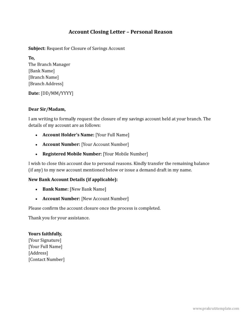 Account Closing Letter – Personal Reason