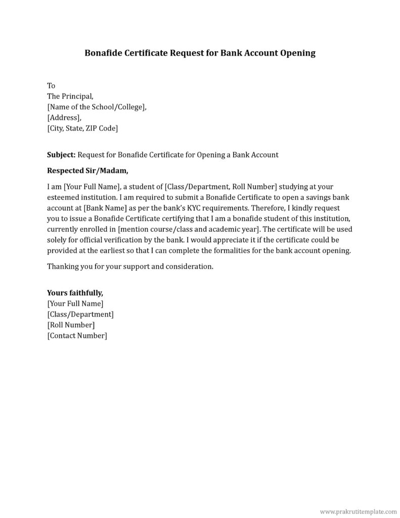 Bonafide Certificate Request for Bank Account Opening