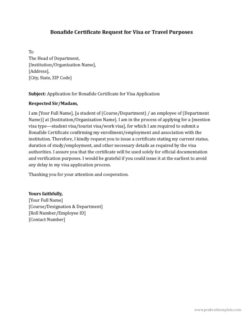 Bonafide Certificate Request for Visa or Travel Purposes