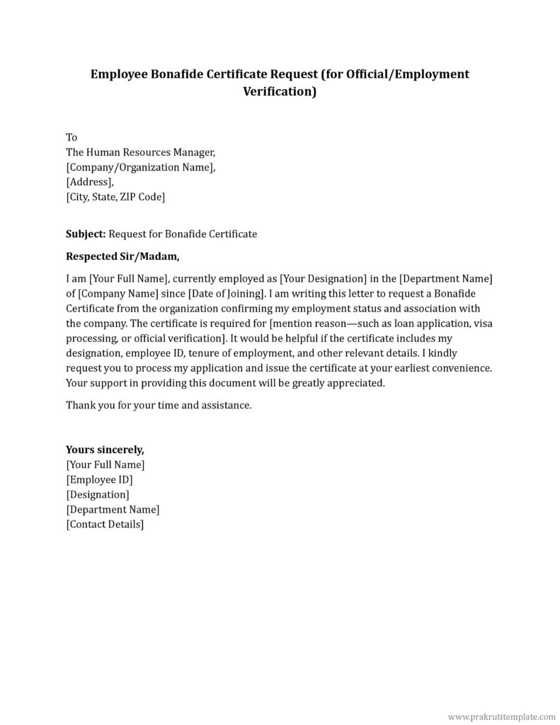 Employee Bonafide Certificate Request