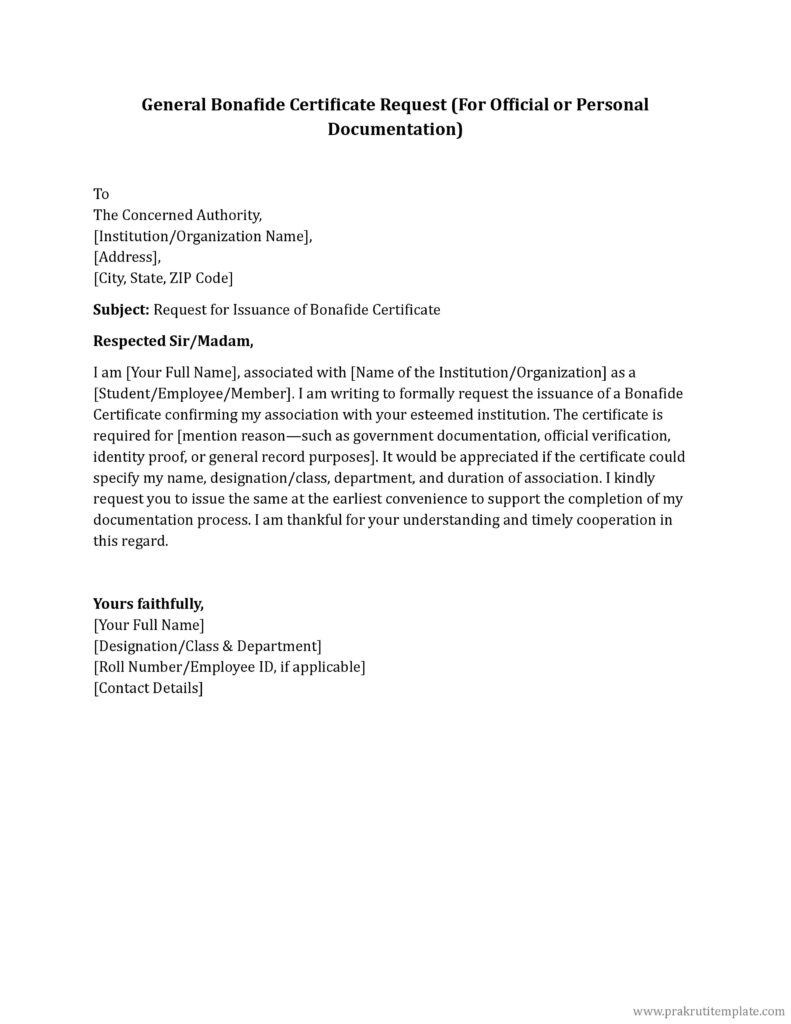 General Bonafide Certificate Request