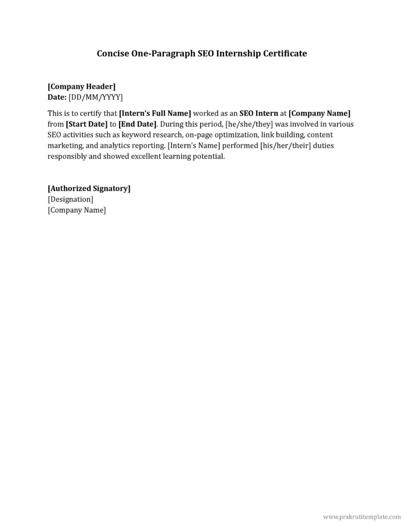 Concise One-Paragraph SEO Internship Certificate