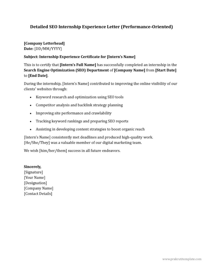 Detailed SEO Internship Experience Letter