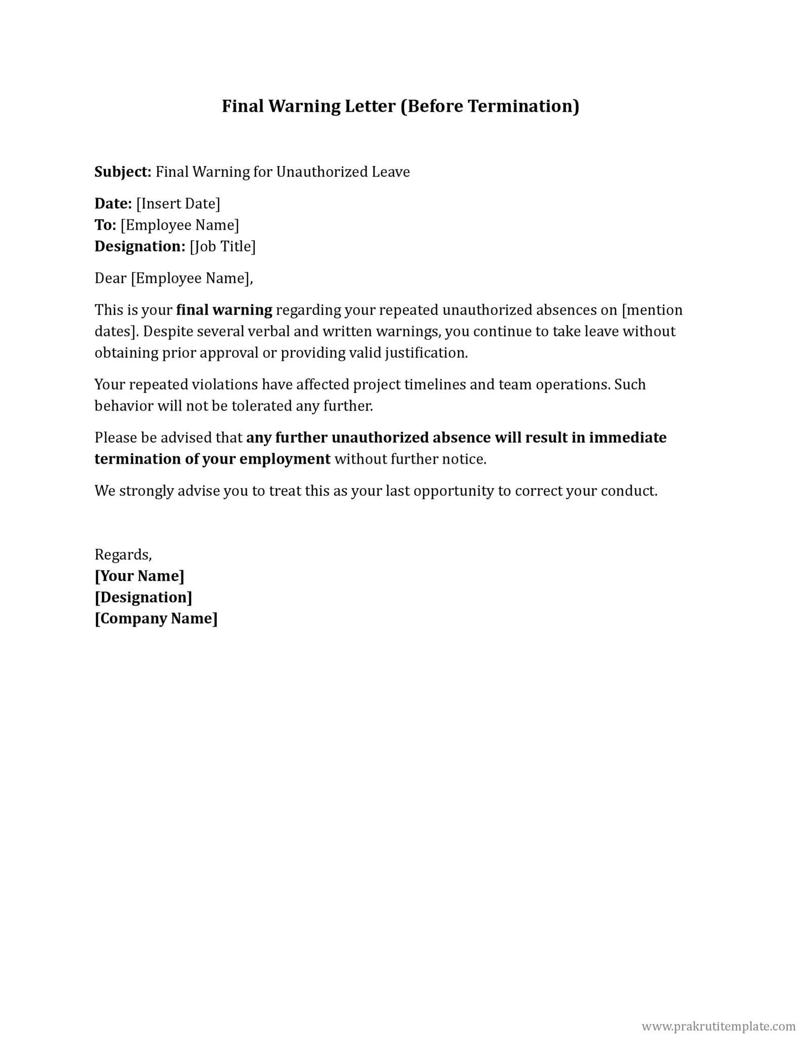 Warning Letter to Employee for Leave Without Permission