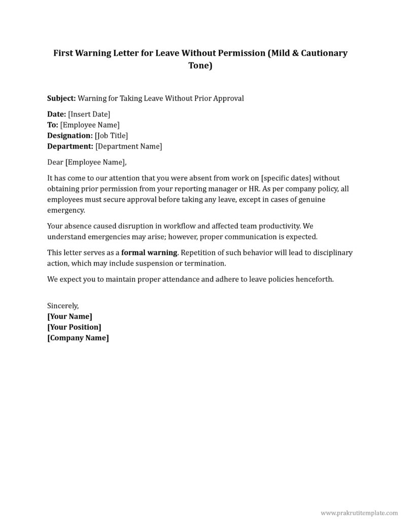 First Warning Letter for Leave Without Permission 
