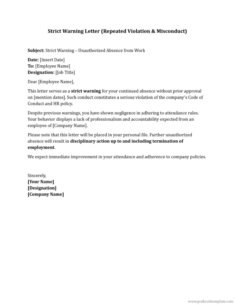 Strict Warning Letter (Repeated Violation & Misconduct