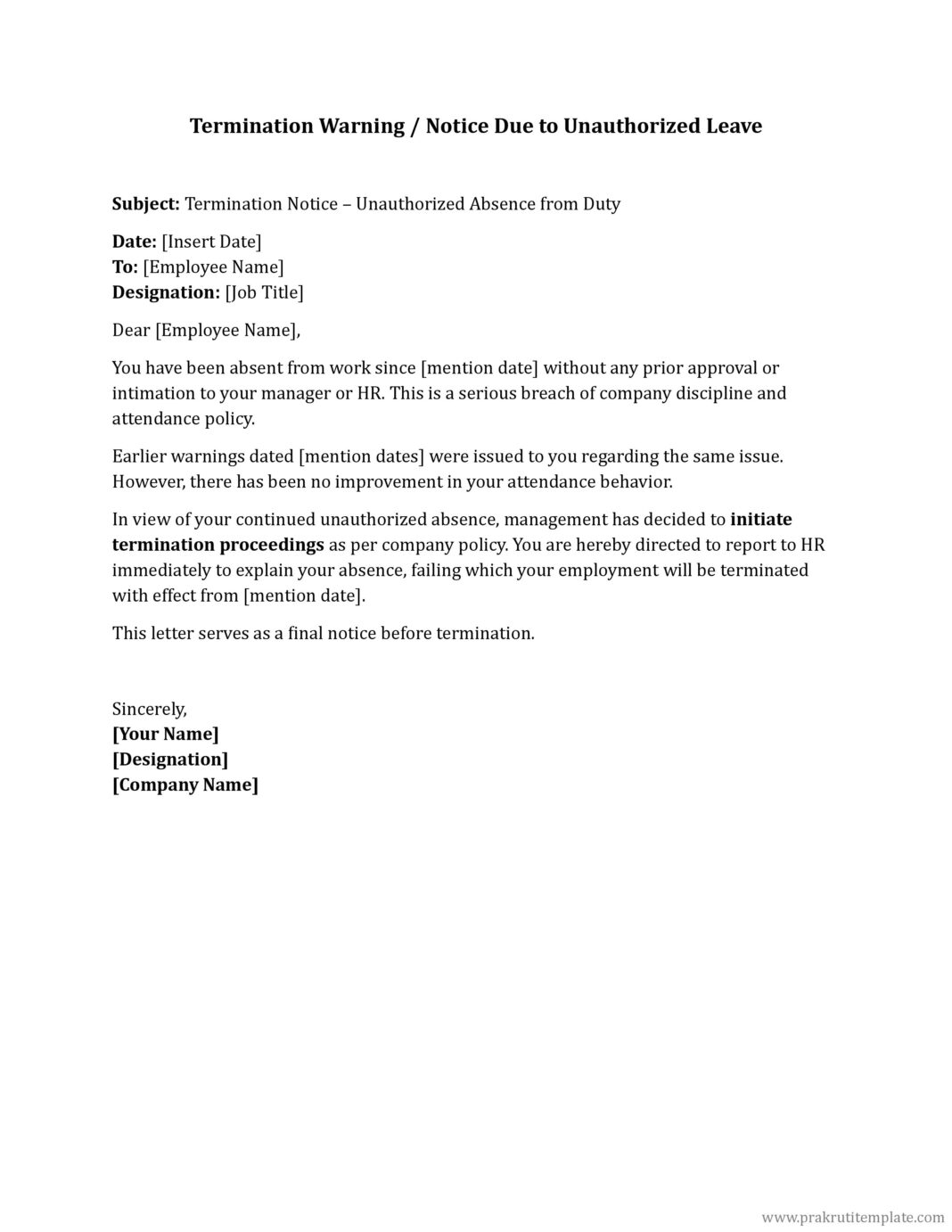 Warning Letter to Employee for Leave Without Permission