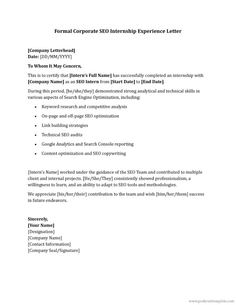 Formal Corporate SEO Internship Experience Letter