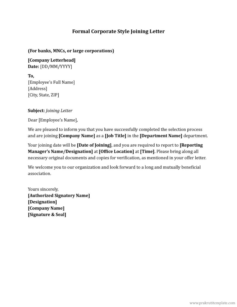 ormal Corporate Style Joining Letter