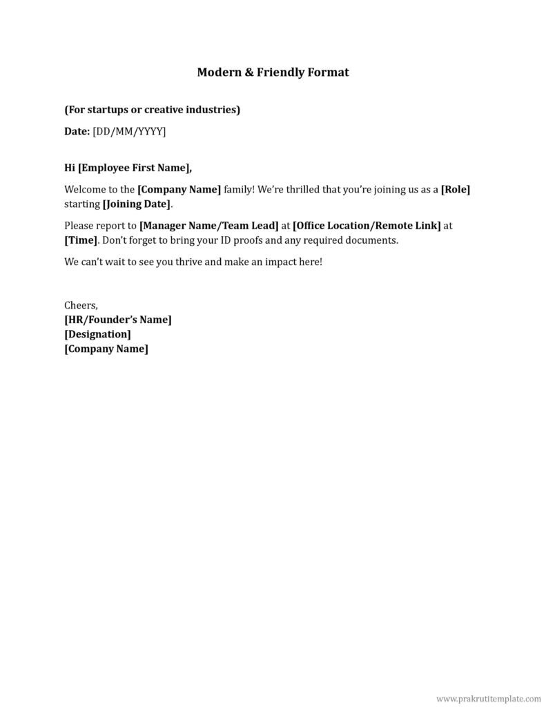 Modern & Friendly Format joing letter
