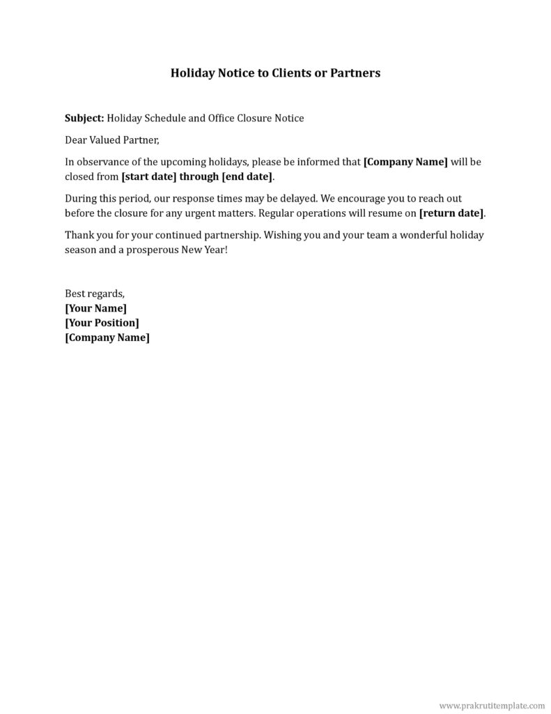 Holiday Notice to Clients or Partners