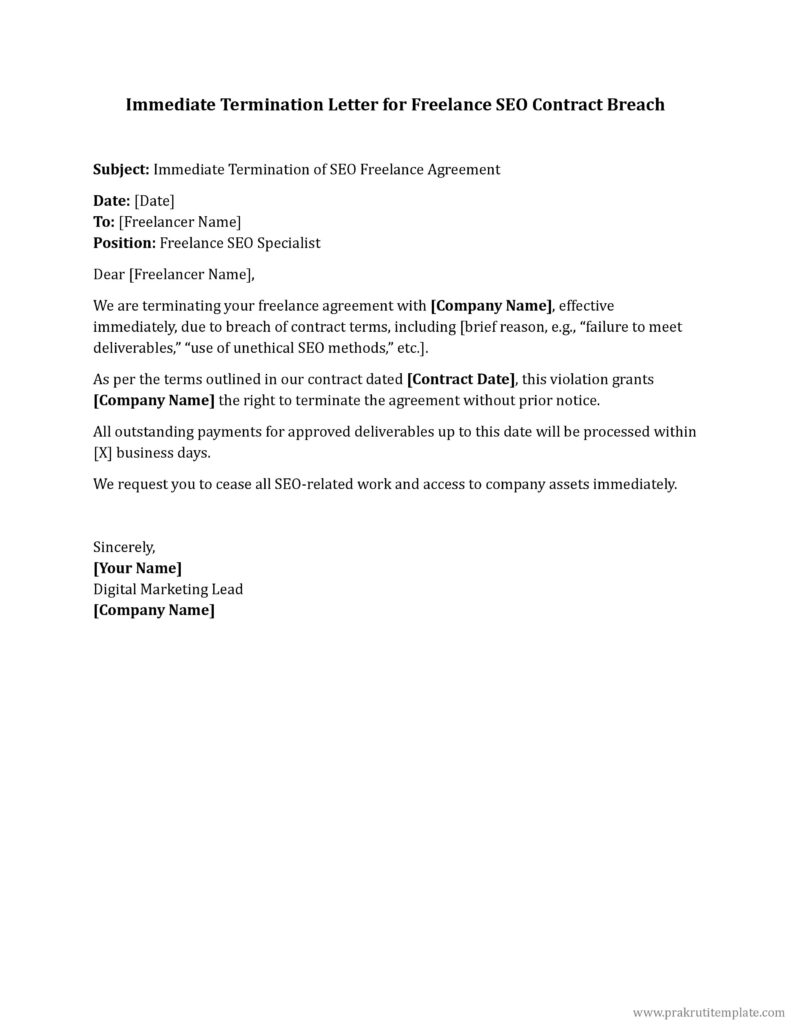 1) Immediate Termination Letter for Freelance SEO Contract Breach