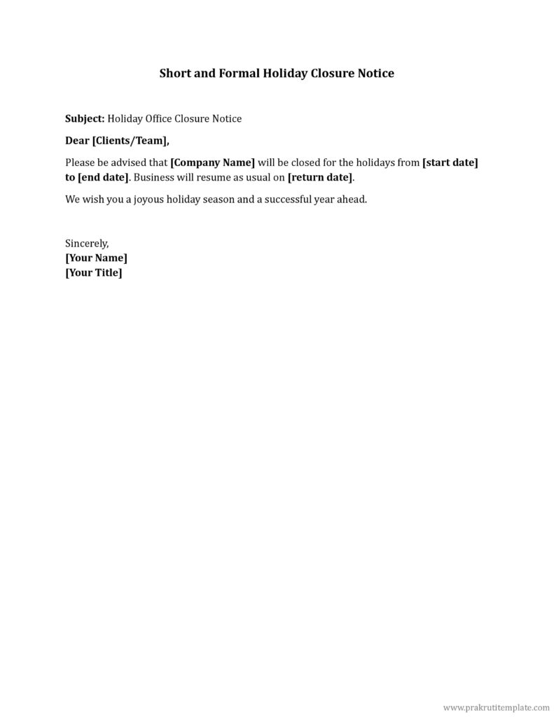 Short and Formal Holiday Closure Notice
