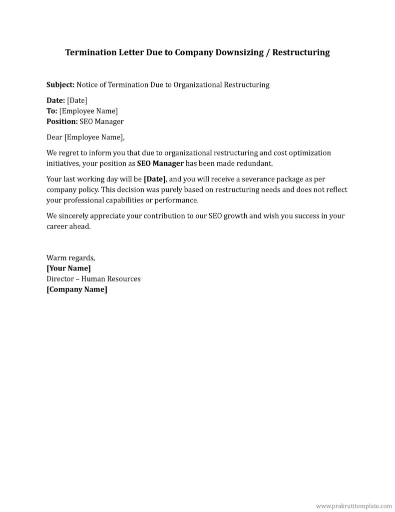 Termination Letter Due to Company Downsizing Restructuring