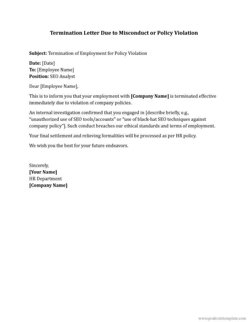 Termination Letter Due to Misconduct or Policy Violation