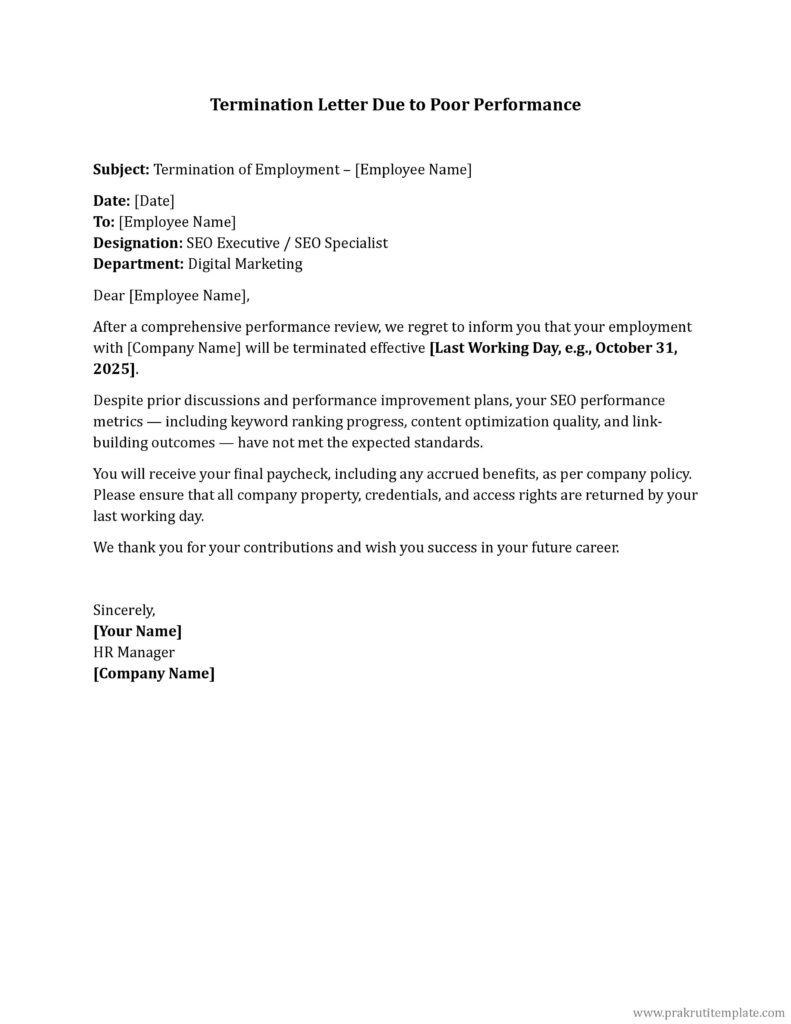 Termination Letter Due to Poor Performance
