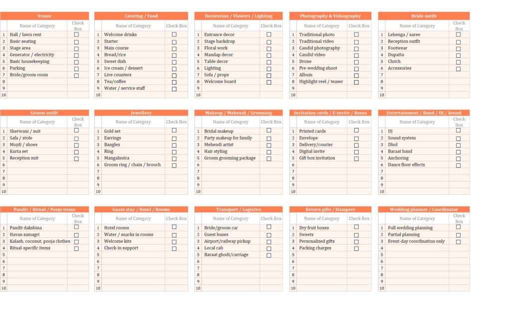 Our Wedding Planner Template Dashboard offers a clear, interactive overview of your finances. Track spending with an Expenses Summary chart and monitor dues through a Vendor Payment Summary chart. A convenient left sidebar enables instant display and quick navigation, giving you real-time visibility and control over every wedding budget detail.